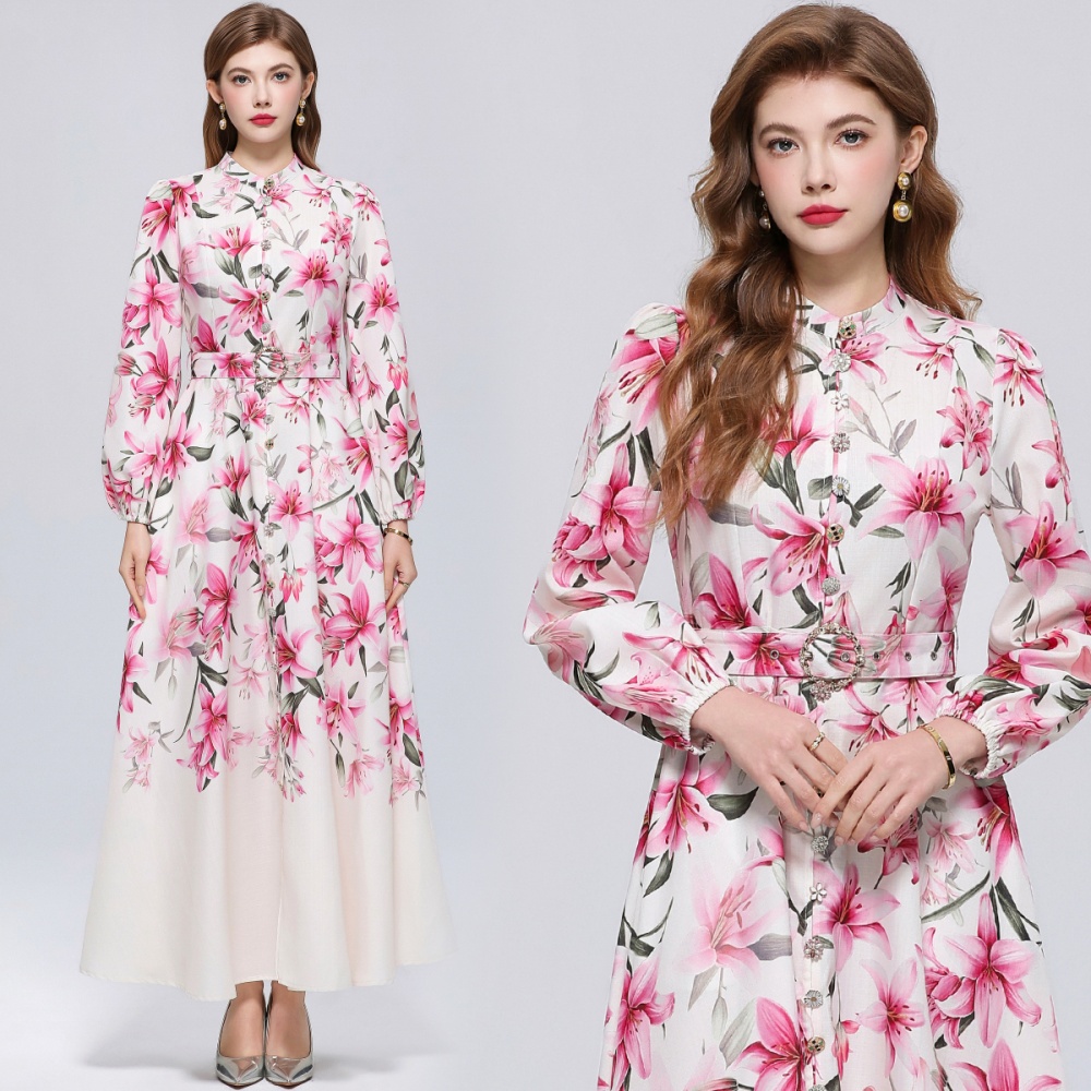 Cstand collar long sleeve single-breasted retro dress
