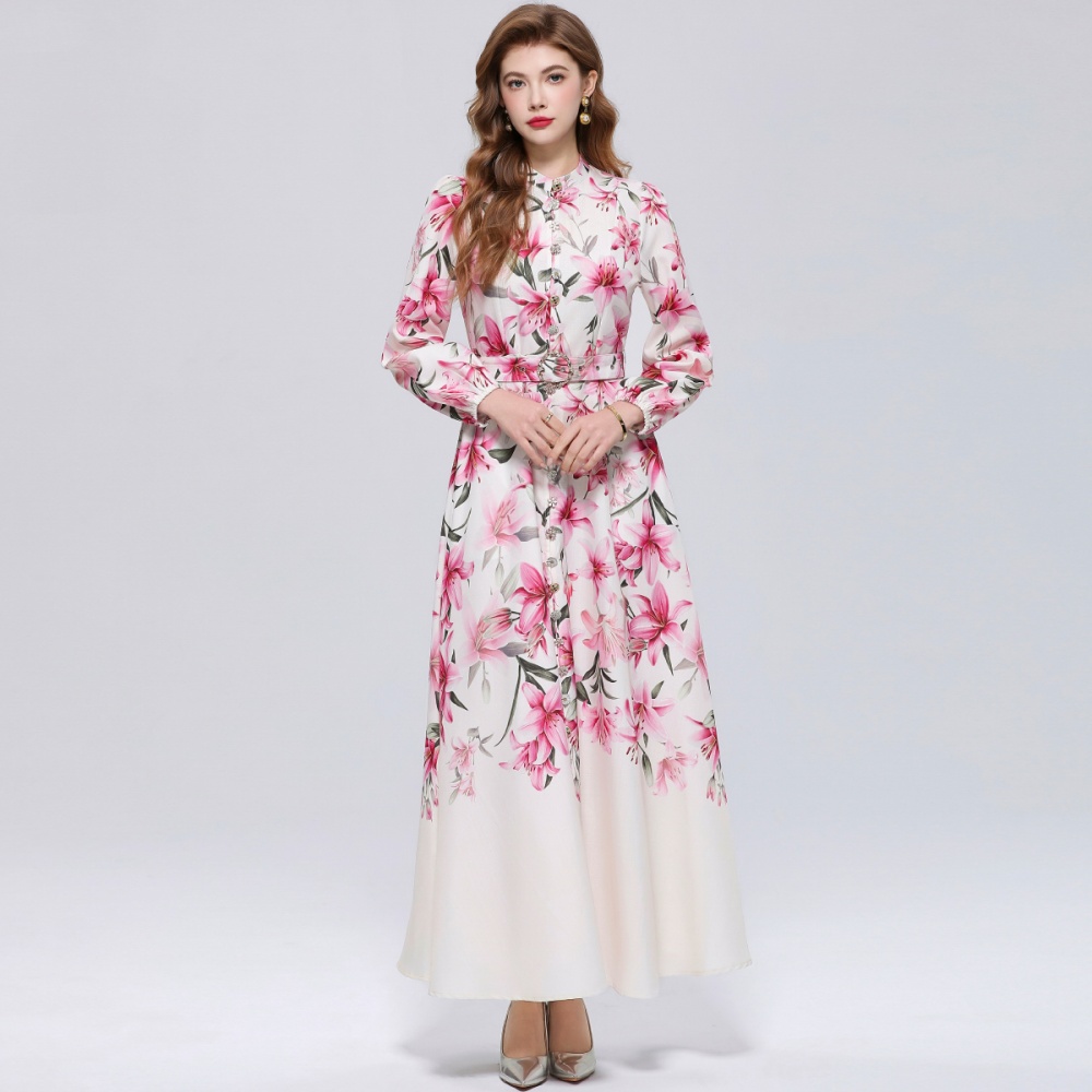 Cstand collar long sleeve single-breasted retro dress