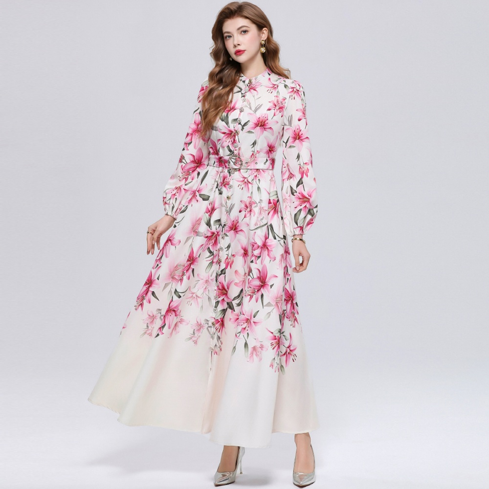 Cstand collar long sleeve single-breasted retro dress