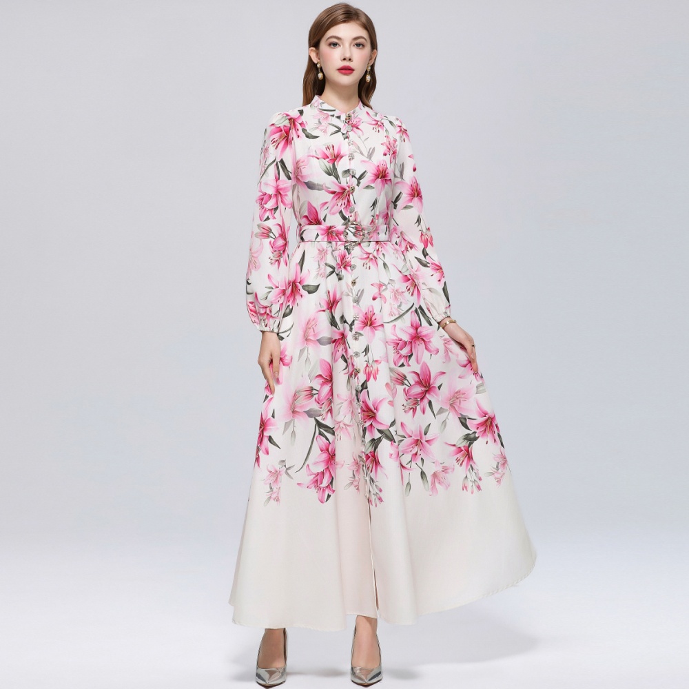 Cstand collar long sleeve single-breasted retro dress
