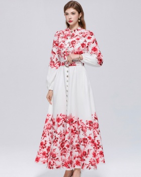 Retro single-breasted big skirt pinched waist cstand collar dress