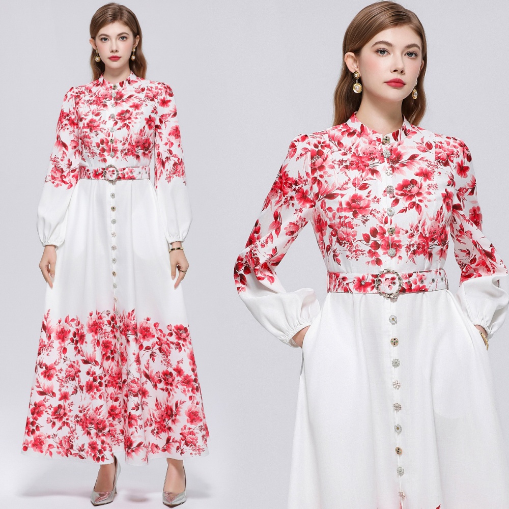 Retro single-breasted big skirt pinched waist cstand collar dress