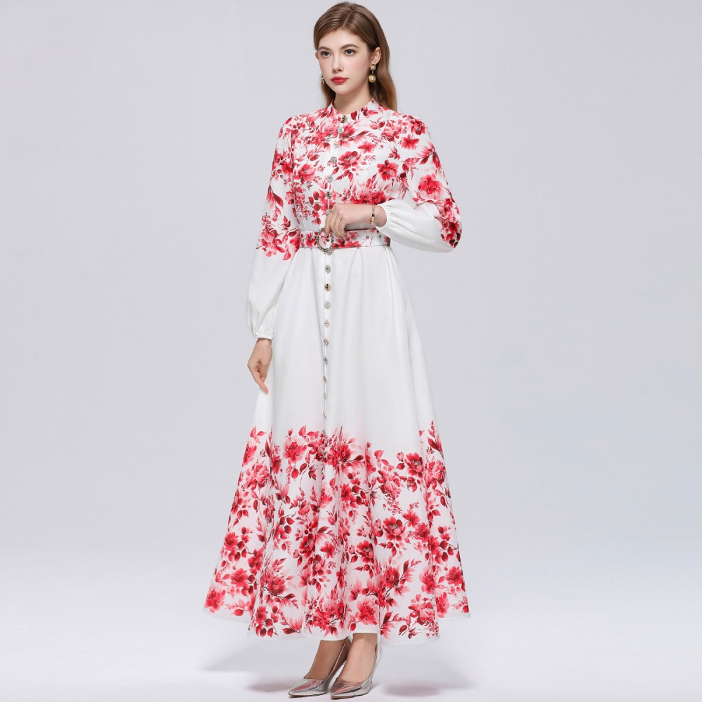 Retro single-breasted big skirt pinched waist cstand collar dress