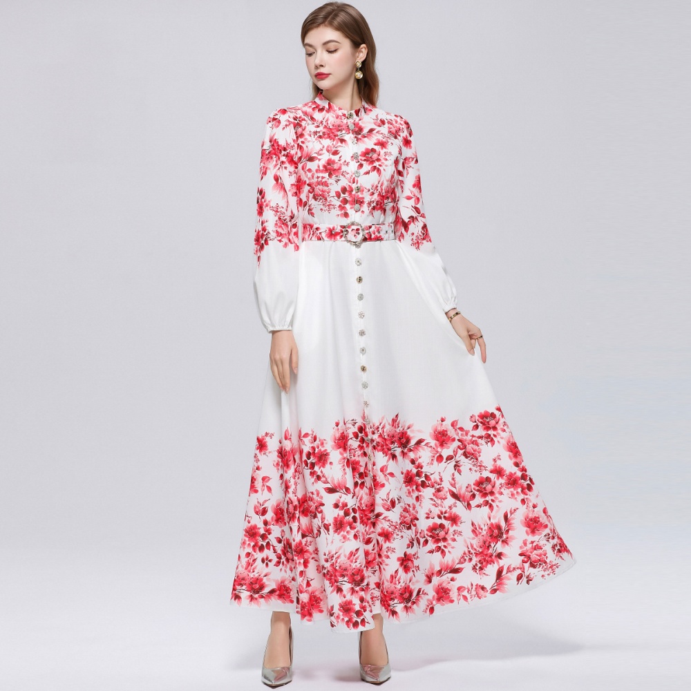 Retro single-breasted big skirt pinched waist cstand collar dress