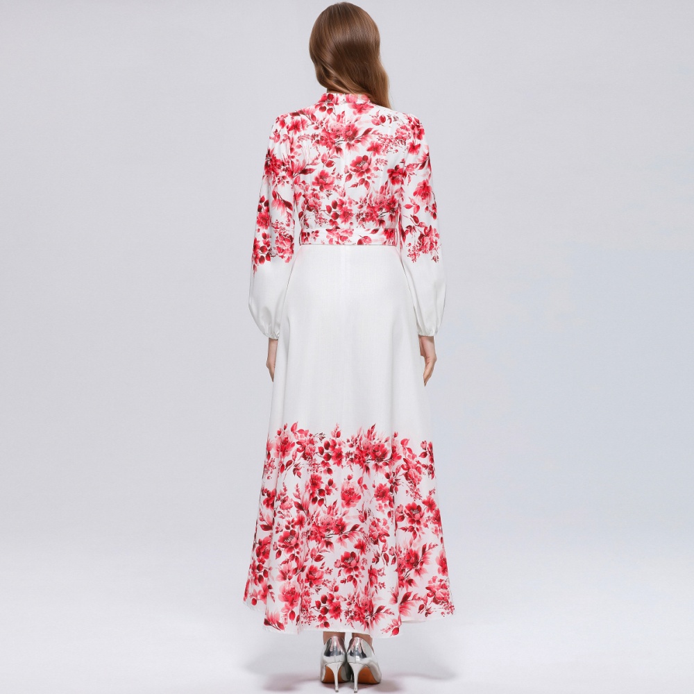 Retro single-breasted big skirt pinched waist cstand collar dress