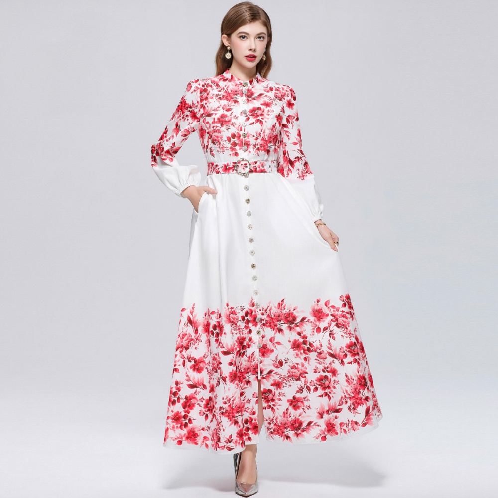 Retro single-breasted big skirt pinched waist cstand collar dress