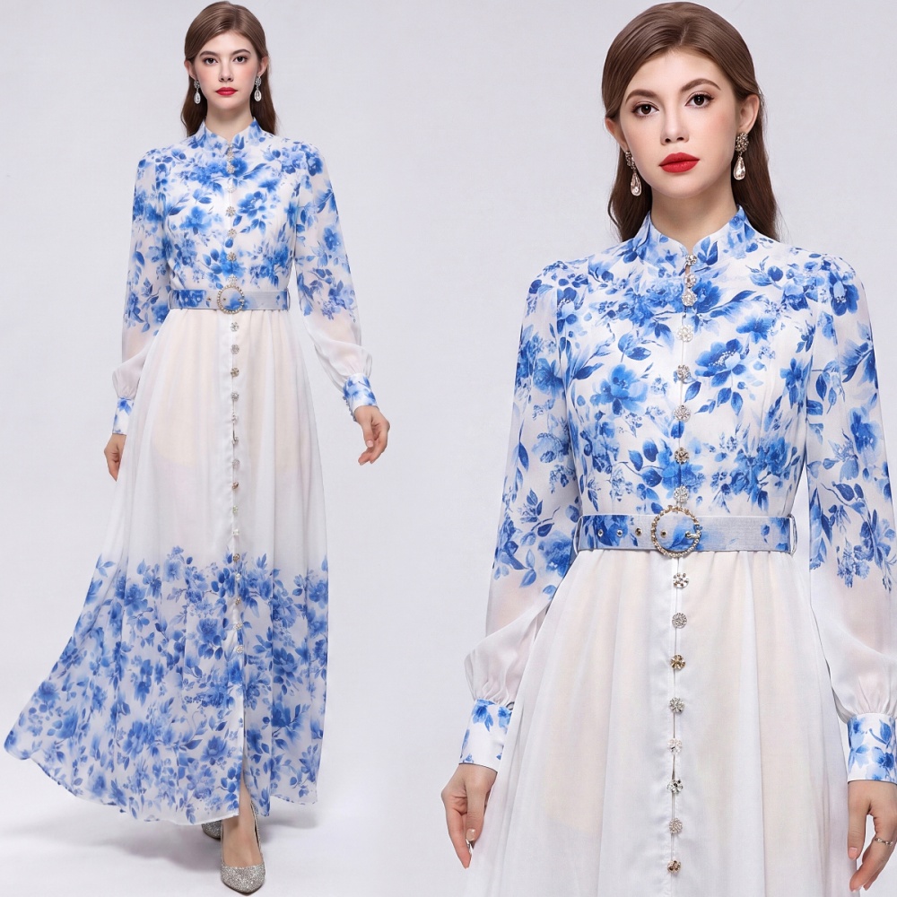 Commuting pinched waist with belt retro dress