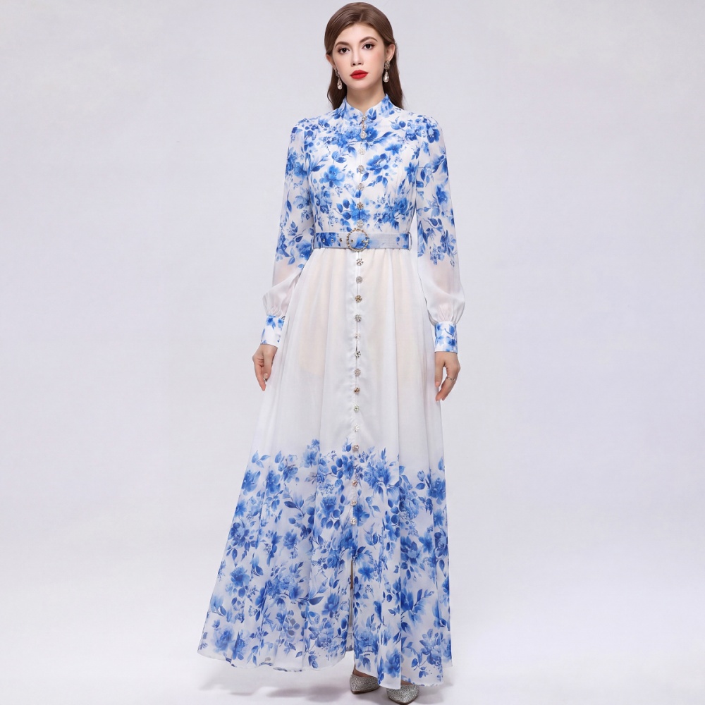 Commuting pinched waist with belt retro dress