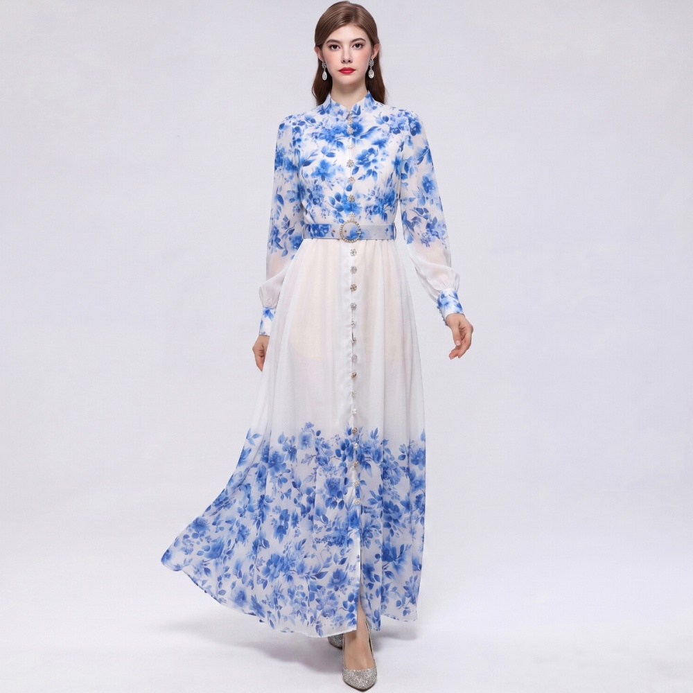 Commuting pinched waist with belt retro dress