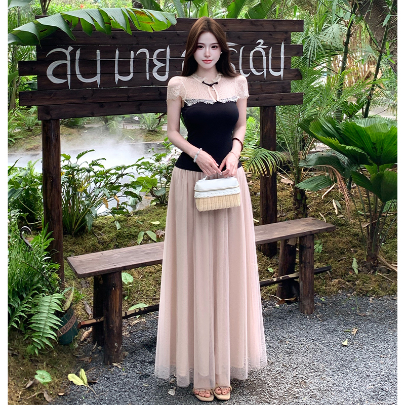 Tender skirt gauze long skirt 2pcs set for women