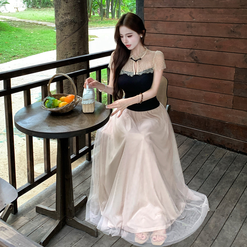 Tender skirt gauze long skirt 2pcs set for women
