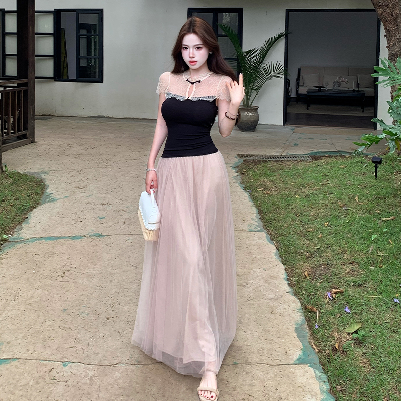 Tender skirt gauze long skirt 2pcs set for women