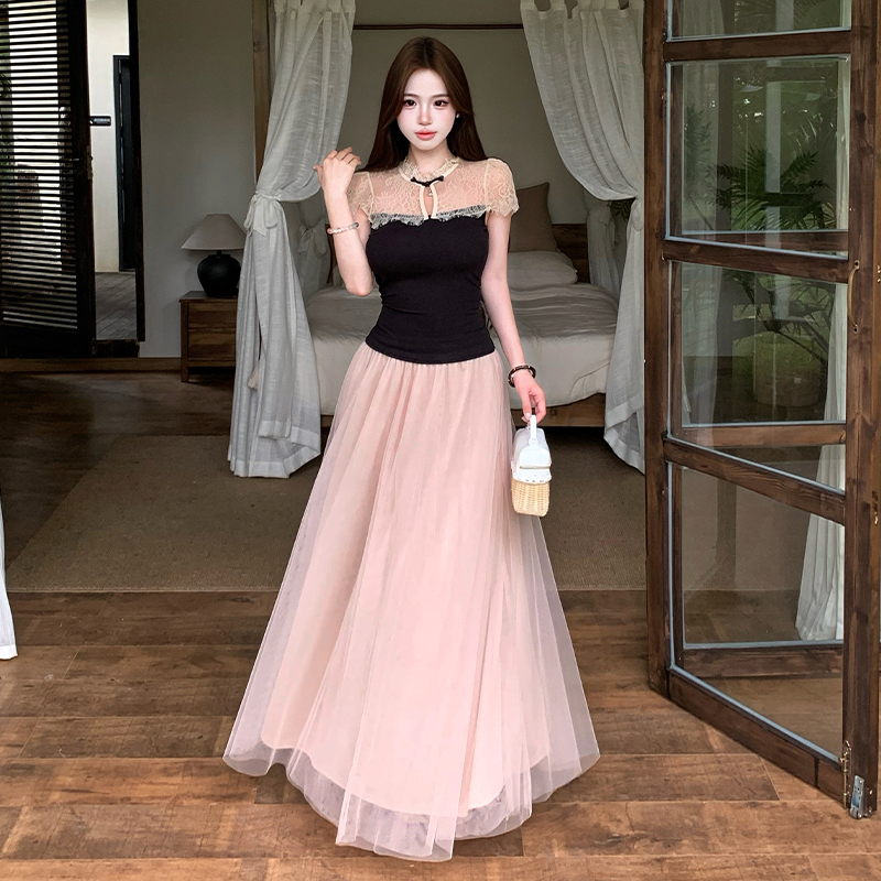 Tender skirt gauze long skirt 2pcs set for women