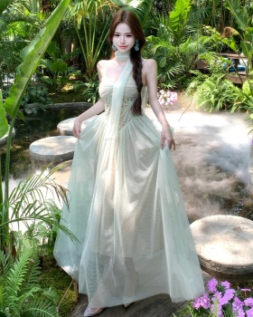Summer splice gauze dress lace sling long dress for women