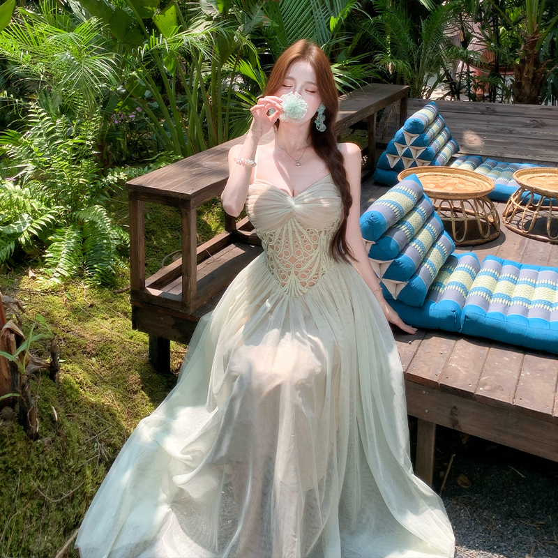 Summer splice gauze dress lace sling long dress for women
