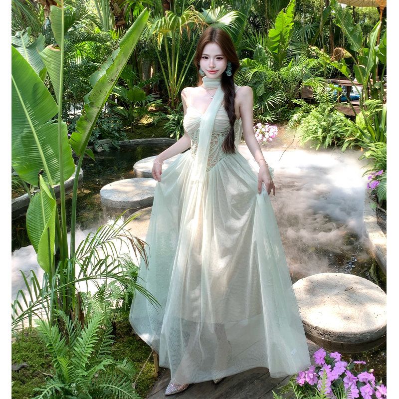 Summer splice gauze dress lace sling long dress for women
