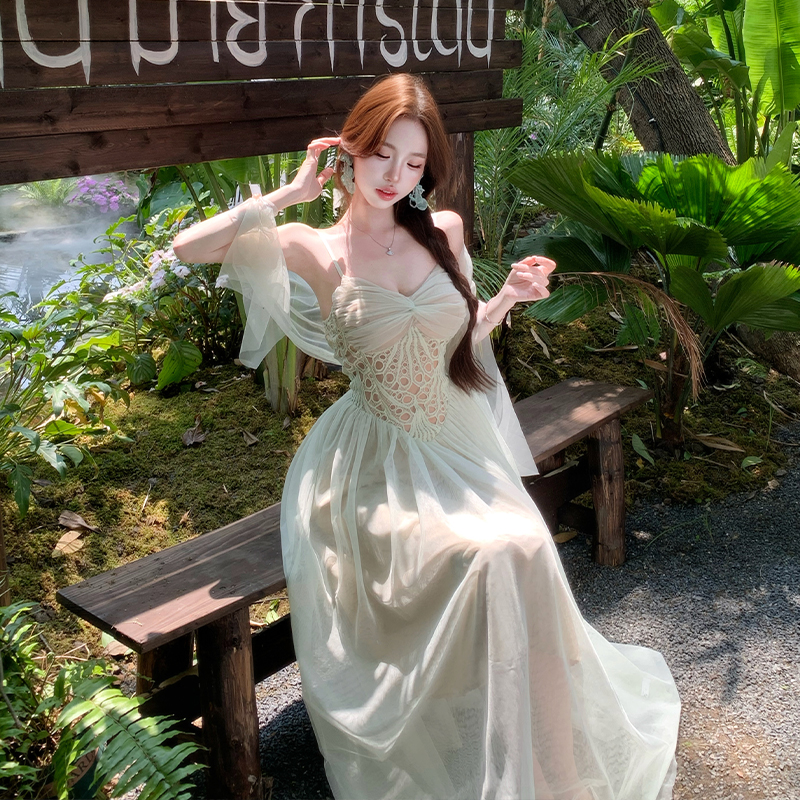 Summer splice gauze dress lace sling long dress for women