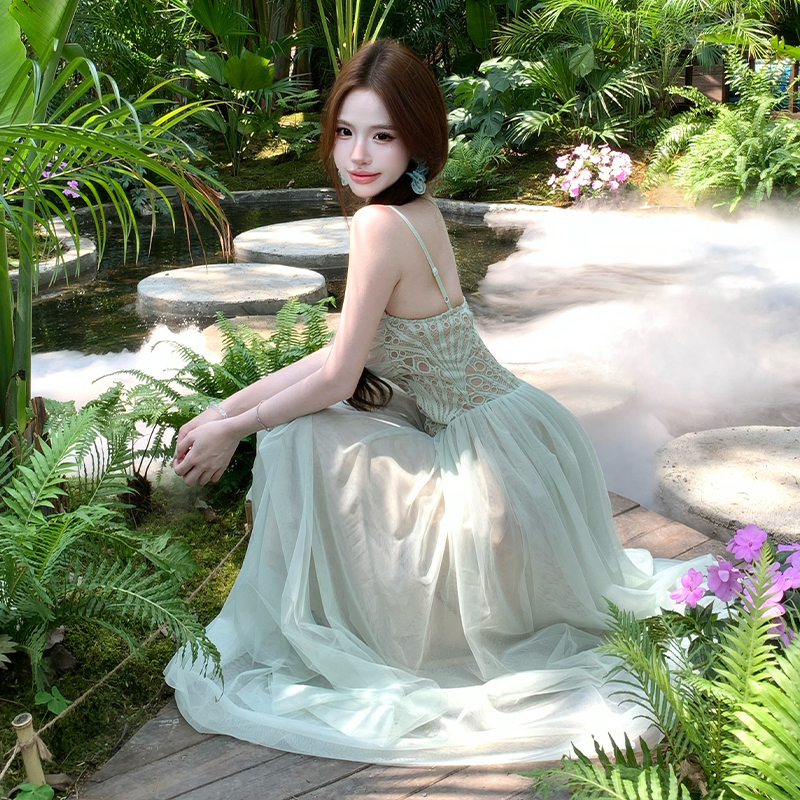 Summer splice gauze dress lace sling long dress for women
