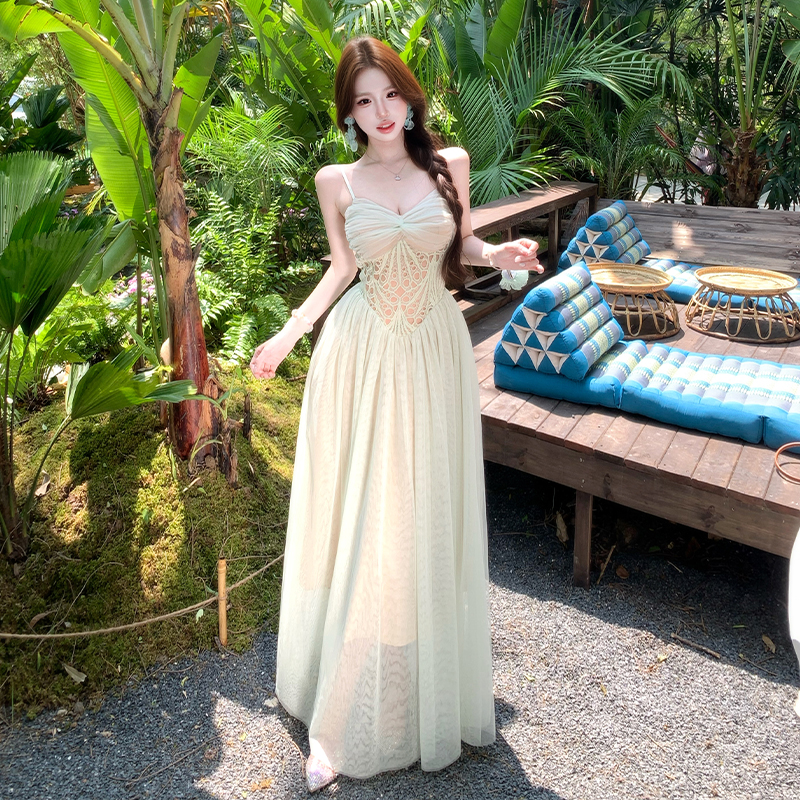 Summer splice gauze dress lace sling long dress for women