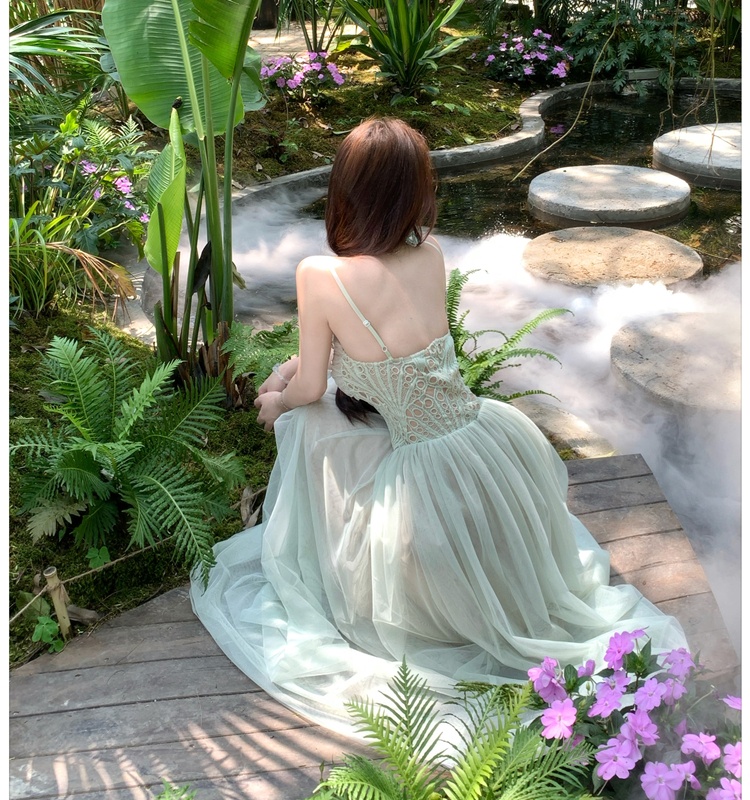 Summer splice gauze dress lace sling long dress for women