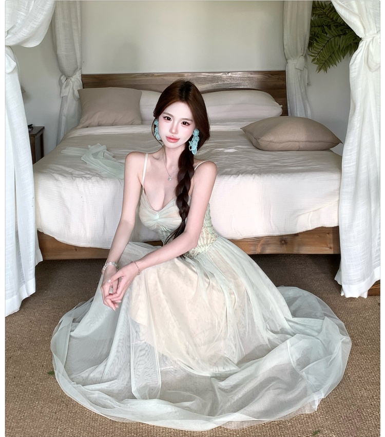 Summer splice gauze dress lace sling long dress for women