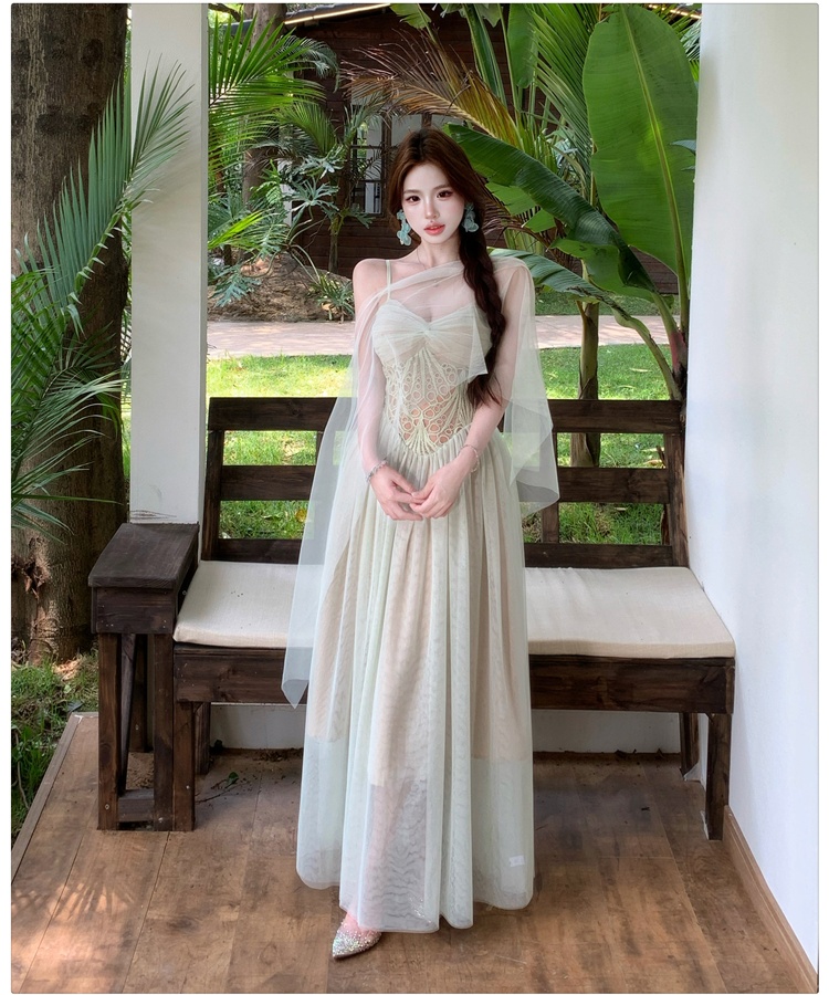 Summer splice gauze dress lace sling long dress for women