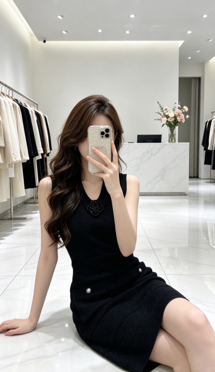 Hollow V-neck sexy knitted flowers decoration slim dress