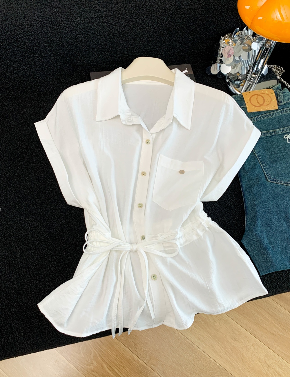 Breathable niche tops pinched waist chiffon shirt for women
