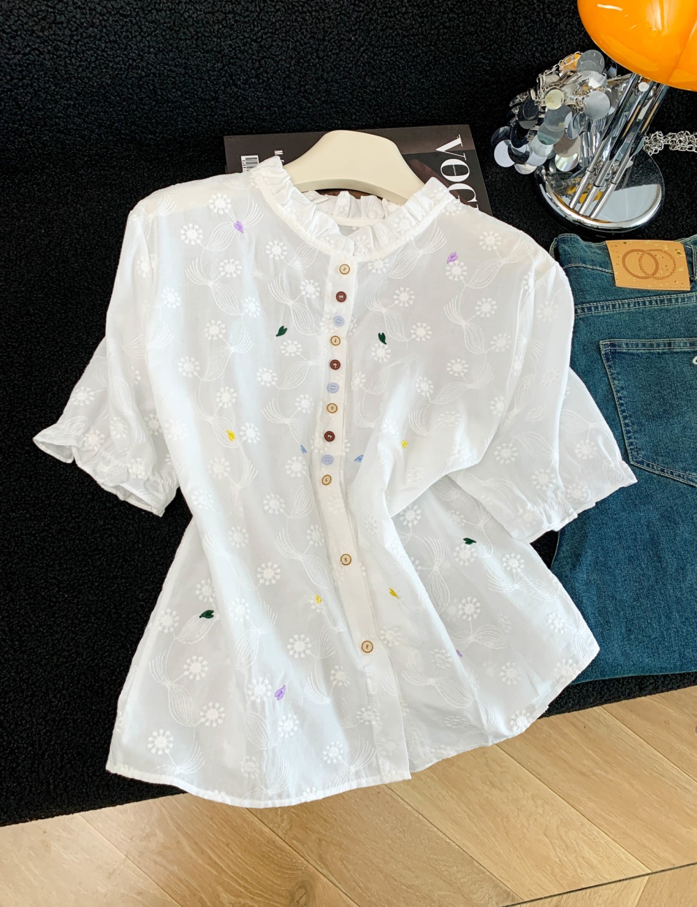 All-match Western style tops embroidery colors buckle shirt
