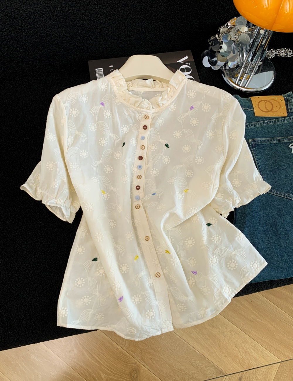 All-match Western style tops embroidery colors buckle shirt