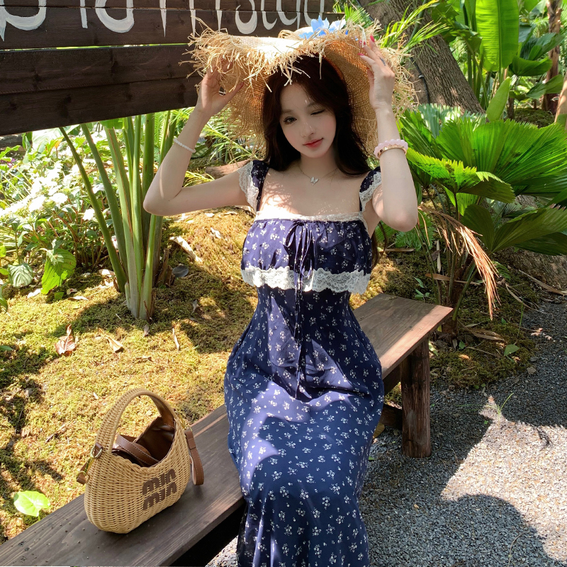 Floral sling long dress splice romantic jumpsuit for women