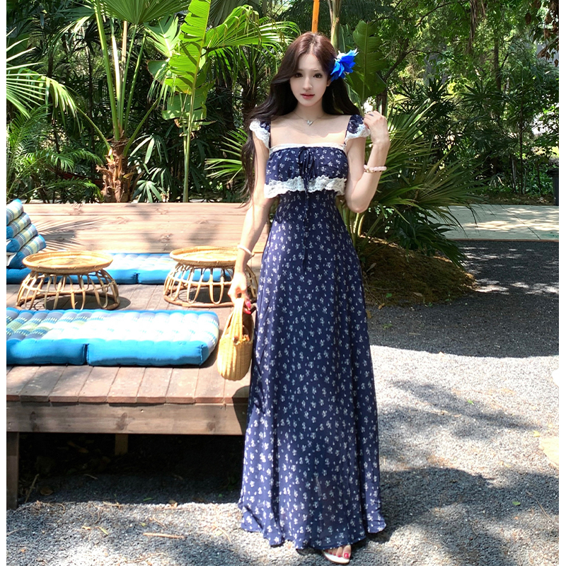 Floral sling long dress splice romantic jumpsuit for women