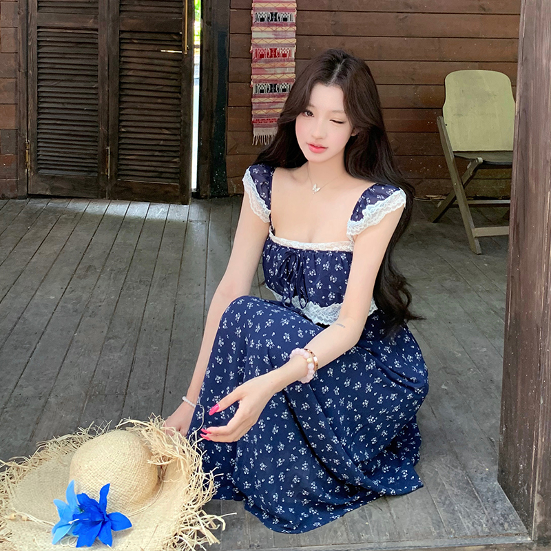 Floral sling long dress splice romantic jumpsuit for women