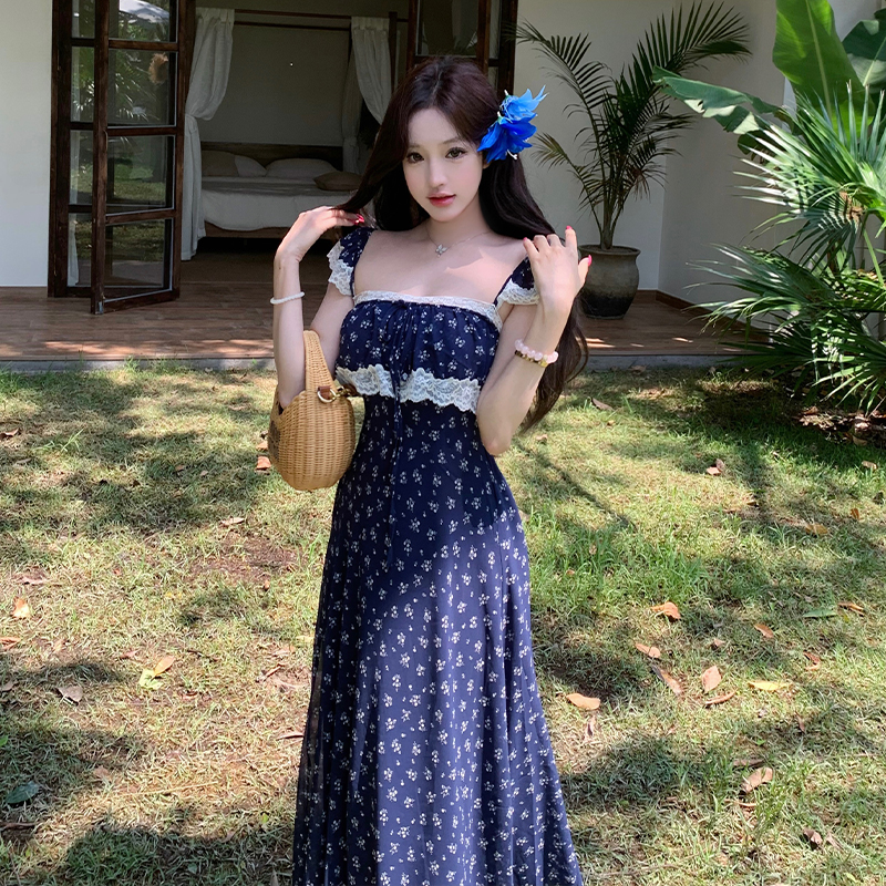 Floral sling long dress splice romantic jumpsuit for women