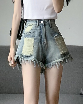 A-line holes retro short jeans loose burr shorts for women