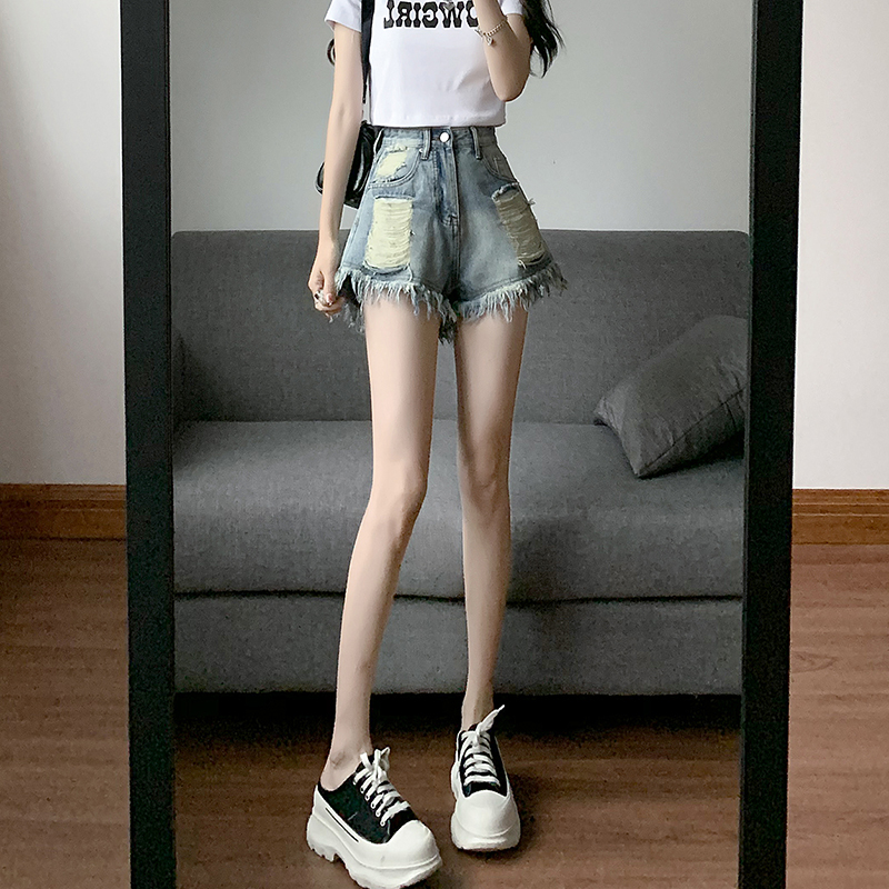 A-line holes retro short jeans loose burr shorts for women