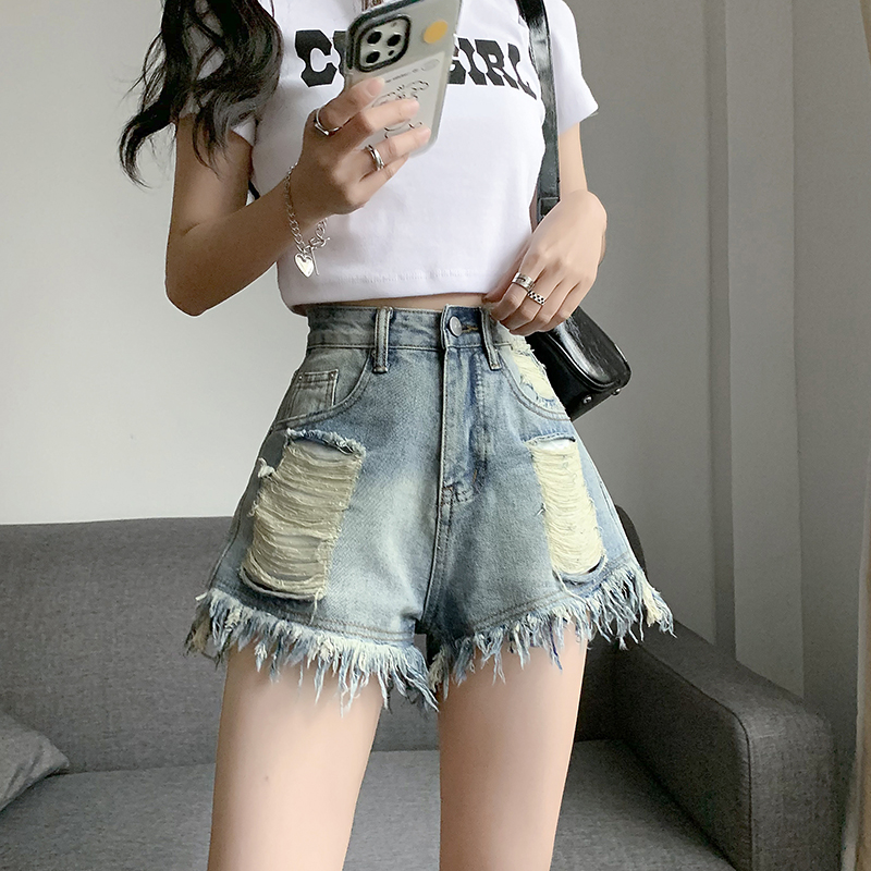 A-line holes retro short jeans loose burr shorts for women