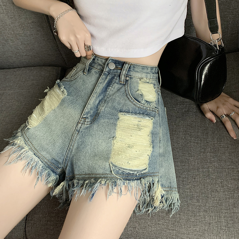 A-line holes retro short jeans loose burr shorts for women