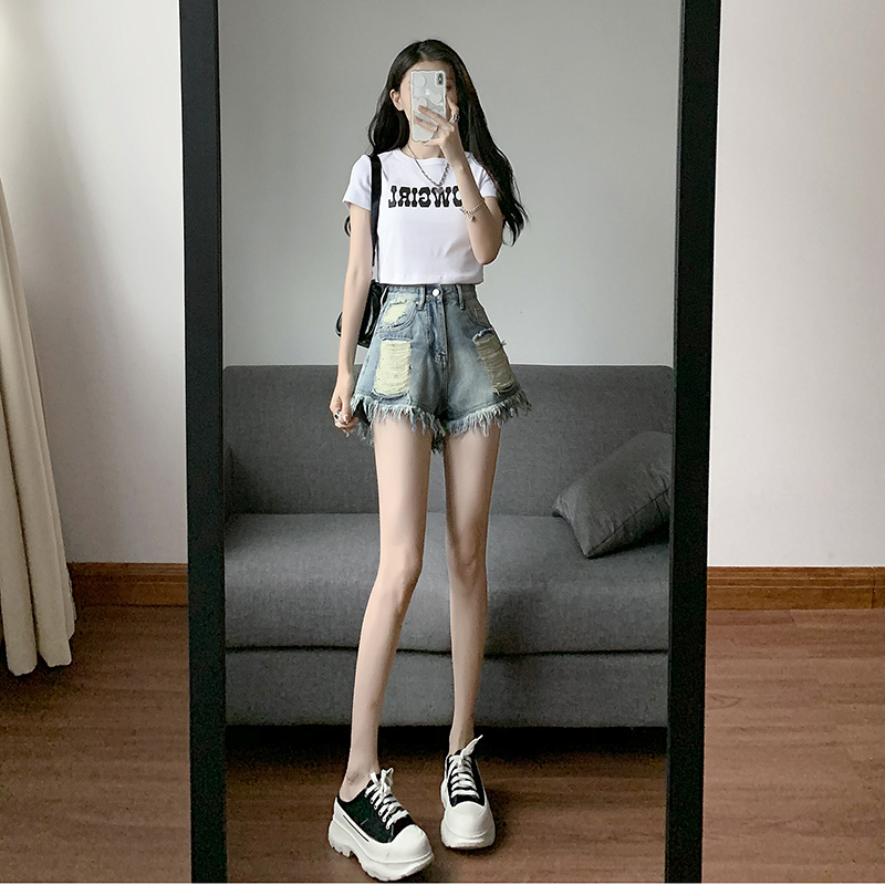 A-line holes retro short jeans loose burr shorts for women
