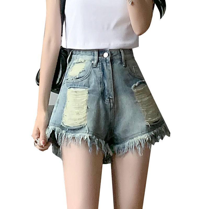 A-line holes retro short jeans loose burr shorts for women