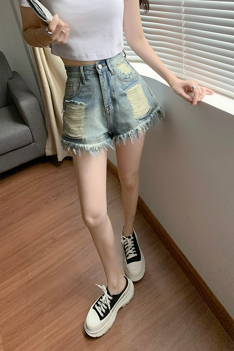 A-line holes retro short jeans loose burr shorts for women