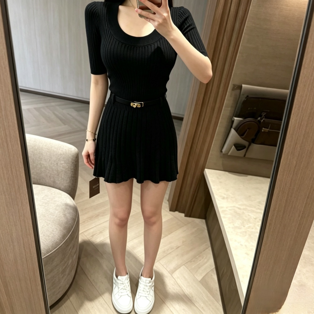 Slim retro dress pinched waist knitted T-back for women