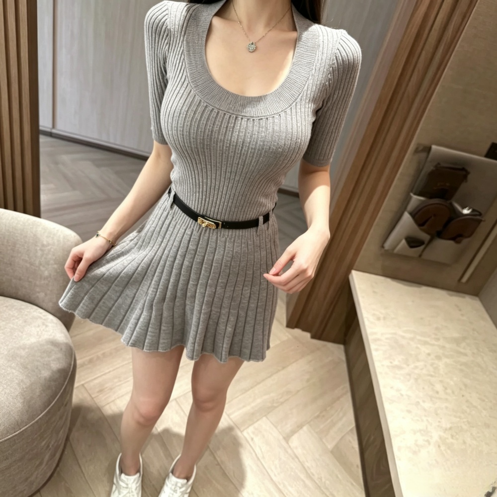 Slim retro dress pinched waist knitted T-back for women