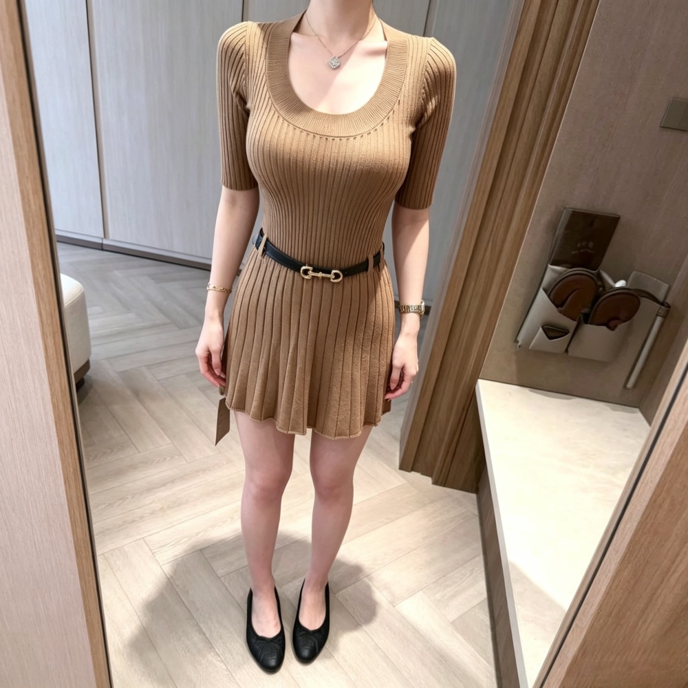 Slim retro dress pinched waist knitted T-back for women