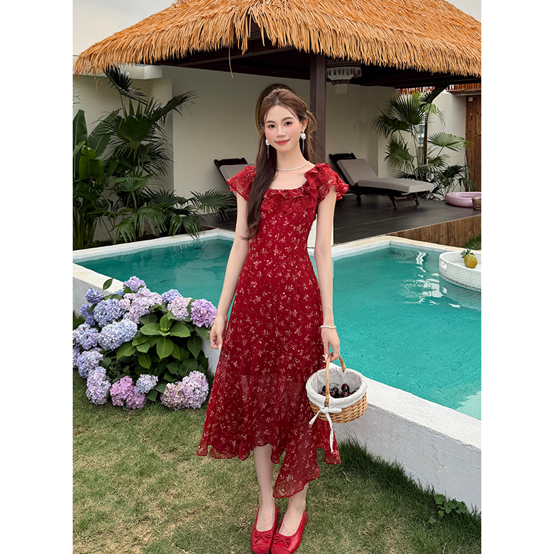 Short sleeve lace chiffon France style splice summer dress