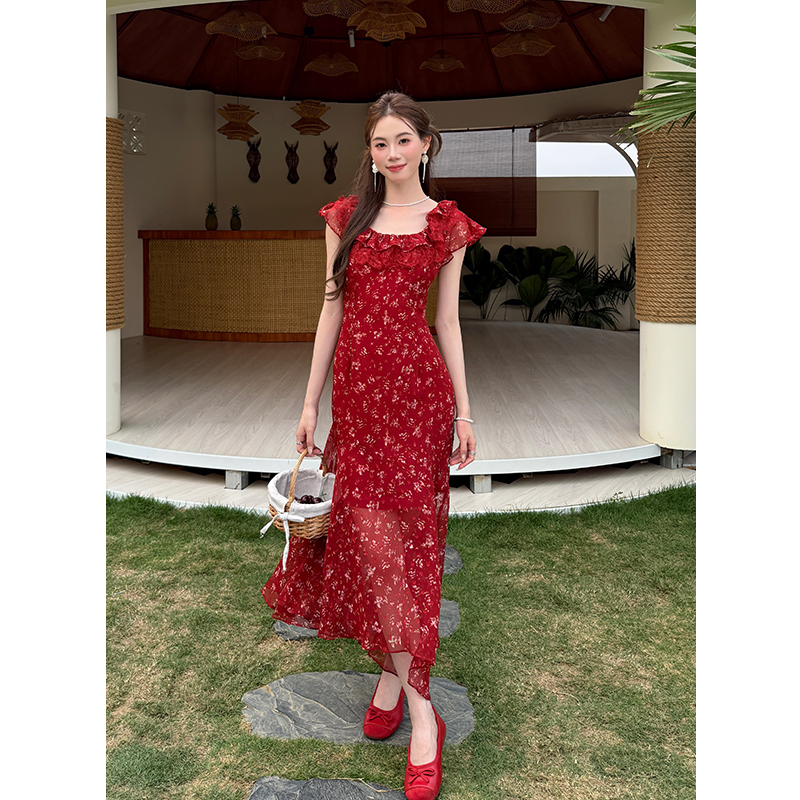 Short sleeve lace chiffon France style splice summer dress