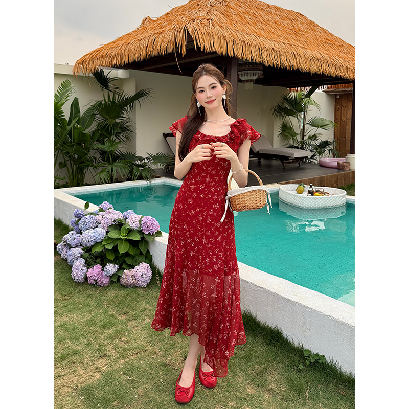 Short sleeve lace chiffon France style splice summer dress
