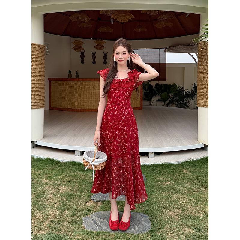 Short sleeve lace chiffon France style splice summer dress
