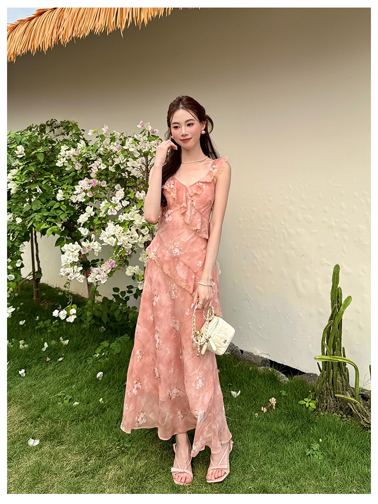 France style floral dress chiffon strap dress