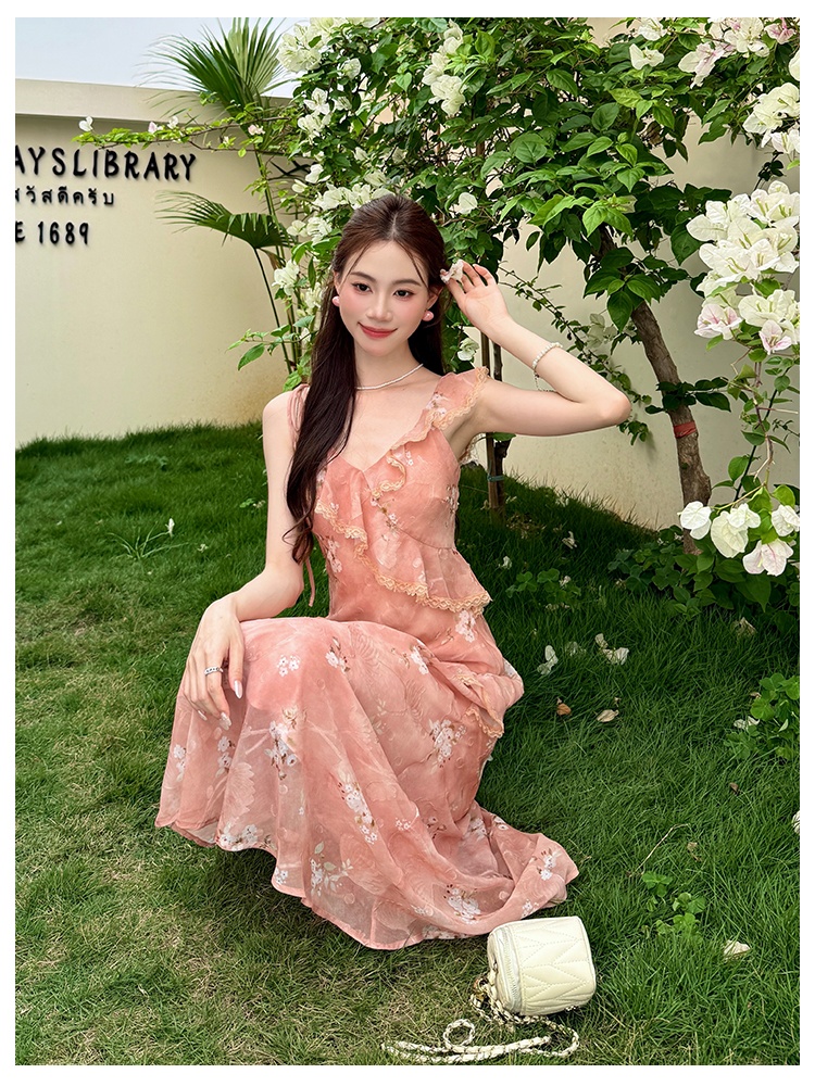 France style floral dress chiffon strap dress